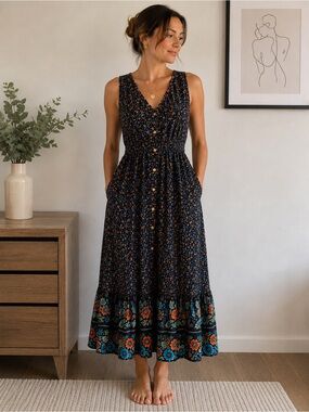 Floral Button Front Midi Dress S 100% Viscose Cottagecore Boho Garden Floral